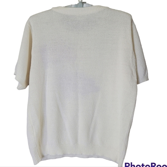 ❄️vintage cream knit floral sequin detail short sleeve top - Picture 2 of 4